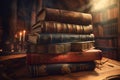 Antique book stack on wooden table in medieval fantasy setting Royalty Free Stock Photo