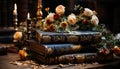 Antique book on table, candle illuminates literature generated by AI