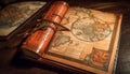 Antique book on table, world map open generated by AI Royalty Free Stock Photo