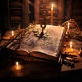 Antique Book on Weathered Wooden Table with Candlelights and Ancient Artifacts