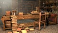 Antique books in an old house, 3D illustration. Antique library. Medieval school. Workplace of a medieval scientist and