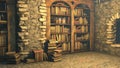 Antique books in an old house, 3D illustration. Antique library. Medieval school. Workplace of a medieval scientist and