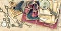 Antique books and photos, keys, baby shoes and writing accessories. Vintage style Royalty Free Stock Photo