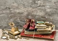 Antique books and photos, keys and writing accessories Royalty Free Stock Photo