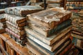 Antique Books Stacked on a Wooden Table in an Old Library with Shelves of Books in the Background Royalty Free Stock Photo