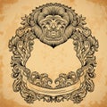 Antique border frame engraving with lion head and baroque cartouche ornament. Royalty Free Stock Photo