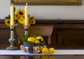 Antique bowl, candlesticks, lemons