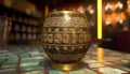 Antique brass bowl illuminated, focus on foreground, Chinese culture tradition generated by AI