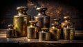 Antique Brass Calibration Weights on a Rustic Table Royalty Free Stock Photo