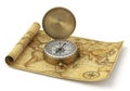 An antique brass compass sits open on a vintage world map. The Royalty Free Stock Photo
