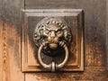 Antique brass door knocker in the shape of a lion`s head, detail of wooden door Royalty Free Stock Photo
