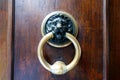 Antique Brass Lion Head Door Knocker on Wooden Door - Classic Architectural Detail for Home Decor Royalty Free Stock Photo