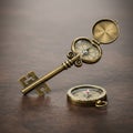 Antique brass key with an integrated compass inside its bow, featuring decorative Royalty Free Stock Photo