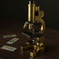 An antique brass microscope is displayed on a dark wooden table. It features Royalty Free Stock Photo