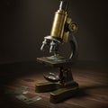 An antique brass microscope with a monocular eyepiece and dual objective lenses Royalty Free Stock Photo