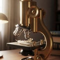 Antique brass microscope on a wooden desk, featuring intricate knobs and Royalty Free Stock Photo