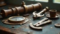 Antique Brass Navigational Tools and Cup on a Table Royalty Free Stock Photo