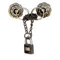 Antique brass padlock and chain on door ring knobs Royalty Free Stock Photo