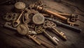 Antique brass skeleton key unlocks old rustic door decoration generated by AI Royalty Free Stock Photo