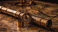 Antique brass telescope and compass old times world map Royalty Free Stock Photo