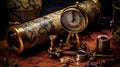 Antique brass telescope and compass old times world map Royalty Free Stock Photo