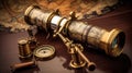 Antique brass telescope and compass old times world map Royalty Free Stock Photo