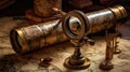 Antique brass telescope and compass old times world map Royalty Free Stock Photo