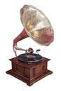 Antique brass and wooden gramaphone on white background,copy spa