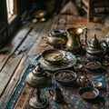 Antique brassware, coffee beans, and a cup of coffee on a rug Royalty Free Stock Photo