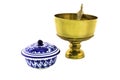 Antique brazen rice bowl and ceramic bowl isolated Royalty Free Stock Photo