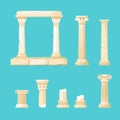 antique broken Greek columns, vintage buildings set. prehistoric ancient roman pillar, ancient architecture cartoon Royalty Free Stock Photo