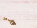 Antique bronze key on light brown wooden background Royalty Free Stock Photo