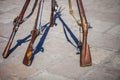 Antique Brown Bess muskets used for the reenactment of the Battle of the Alamo Royalty Free Stock Photo