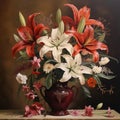 Antique brown vase, in it white and red flowers. Flowering flowers, a symbol of spring, new life Royalty Free Stock Photo