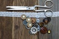 Antique buttons, lace and a tailor scissors