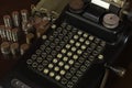 Antique calculator with coins stacks Royalty Free Stock Photo