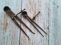 Antique calipers, on a wooden table, top view Royalty Free Stock Photo