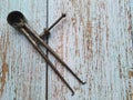 Antique calipers, on a wooden table, top view Royalty Free Stock Photo