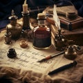 Antique Calligraphy writing table. AI generated Royalty Free Stock Photo