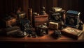 Antique camera collection on old wooden table generated by AI