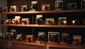 Antique camera collection on wooden table indoors generated by AI