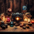 Antique camera with mystical aura on vintage wooden table