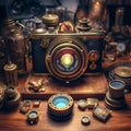 Antique camera with mystical aura on vintage wooden table