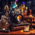 Antique camera with mystical aura on vintage wooden table