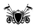 Artillery cannon gun, antique pistol and sabre sword by heraldic shield black and white vector design