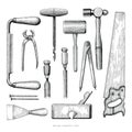 Antique carpenter tools hand drawing vintage style on white back Royalty Free Stock Photo