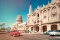 Antique cars next to the Capitol and the Grand Theater of Havana Royalty Free Stock Photo