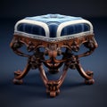 Antique Carved Wooden Stool With Blue Padded Seat