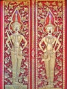 Antique carving golden Thai pattern or Lai Thai on red background.