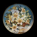 Antique ceramic plate with flowers. plate on black background.